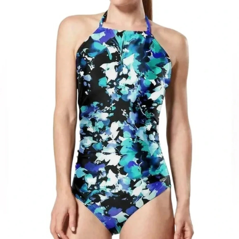 Speedo High Neck Keyhole Halter Neck Blue One Piece Swimsuit Medium